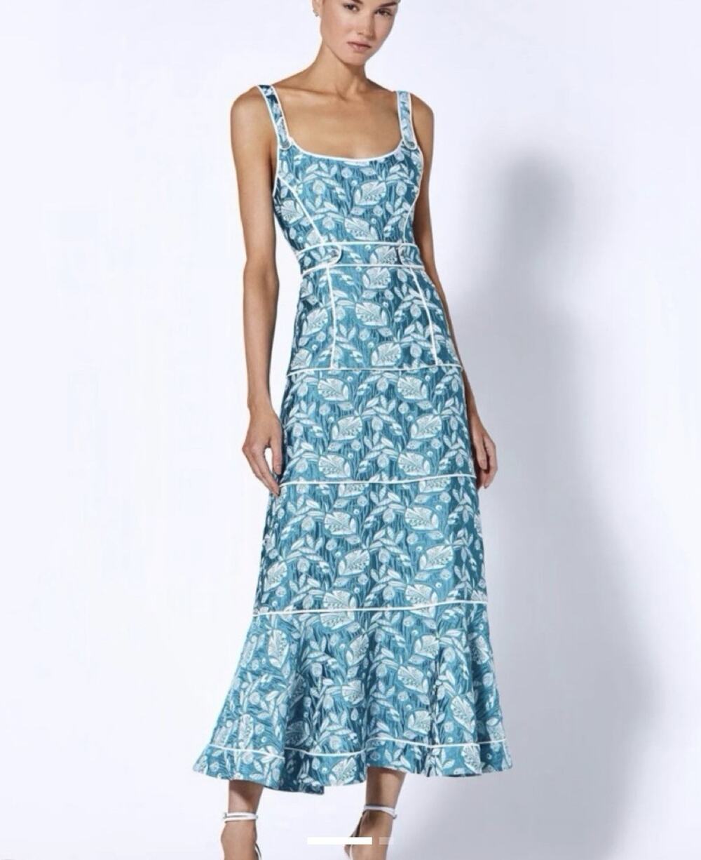 NWT Alexis Bond Tiered Floral Jacquard Midi Dress Turquoise Small Wedding
